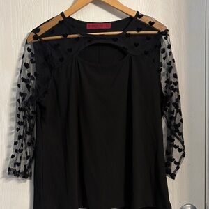 Love Scarlett Chic Black Blouse with Velvet Heart Sheer Sleeves